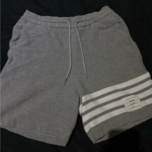 Thom Browne Gray Athletic Shorts with White Stripes